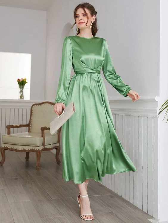 Green Satin Maxi Dress Silky Satin Vintage Dress Ladie Evening Prom Party  Gown