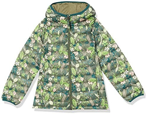 Essentials Girls Water-Resistant Packable Hooded Puffer Jacket Green Floral, XXL