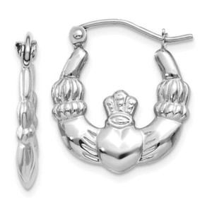 Authentic White Gold Plated 925 Sterling Silver Claddagh Hoop Earrings