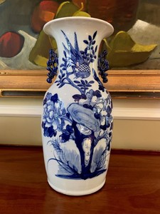 17” Antique Hand Painted Chinese Blue And White Vase /w Blue Handles