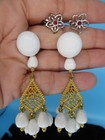 2 Pr Clip On Earring ~ White Bead Gold Tone Dangle ~ Silver Tone Flower Pink Gem