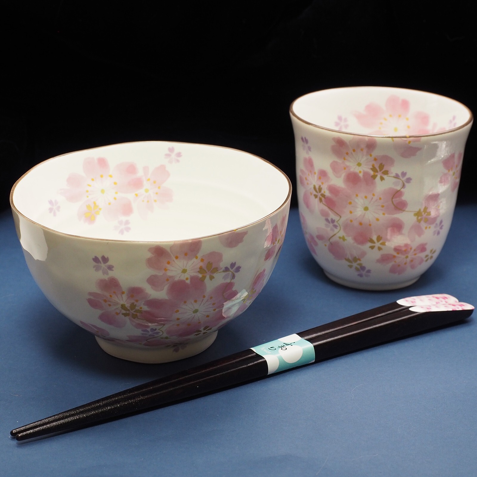 Japanese Rice Bowl Tea Cup Chopstick Set Mino-Yaki Cherry Blossom Made in Japan