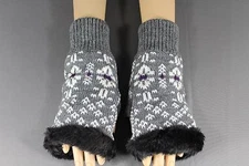 Grey Black faux fur knit hand arm warmers fingerless gloves open thumb texting