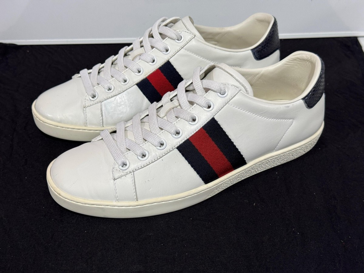 Gucci Ace White Leather Lace-Up Sneakers with Blue/Red