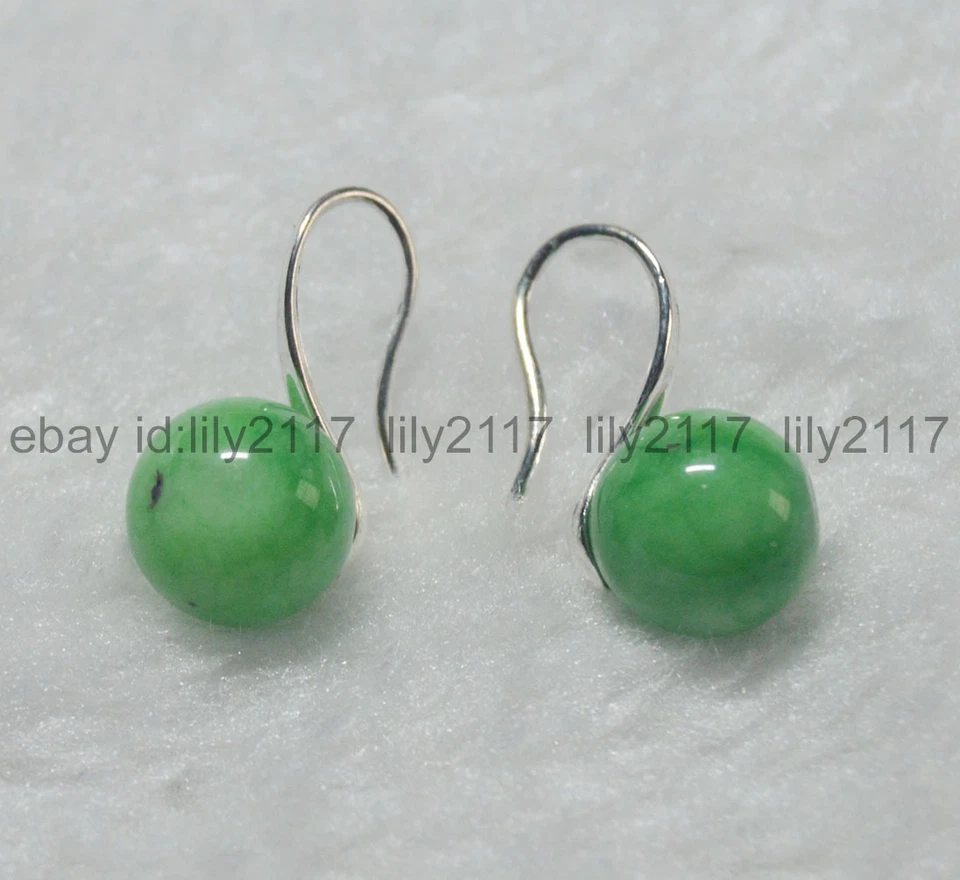 Pendientes colgantes de gancho de plata con cuentas de piedras preciosas redondas de jade de 10 mm naturales genuinos Foto 2 de 4