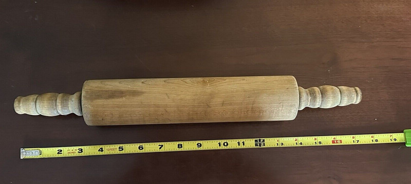 Vintage Hard Wood Rolling Pin W/ Grooved Turning Handles 