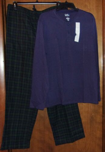 Men's Pajamas Navy & Green Plaid - Flannel Sleep Pants & Knit Top -XL - POCKETS