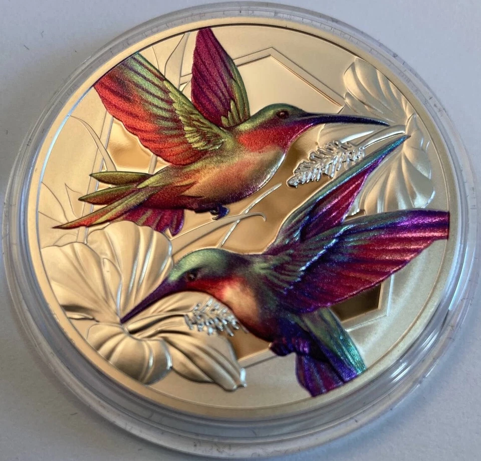 Niue 2025 Hypnotic HUMMINGBIRDS & HIBISCUS $1 1 Oz Pure Silver Prf — MINTAGE 750 - image 2 of 4