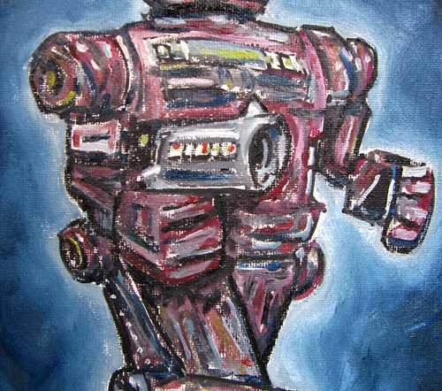 ARMED ROBOT 8x10 canvas Mech art oil painting retro original signed CROWELL US - Picture 6 of 8