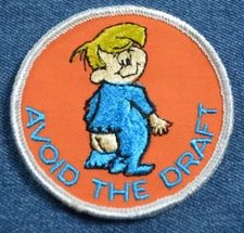 Original NOS 70s Vintage AVOID THE DRAFT 3" Patch Funny Humor Satire Cute Goofy