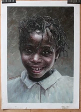 Art original oil painting portrait African smiling girl wearing braids 16"x24"