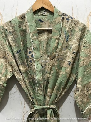 Women's Cotton Kimono Robe Relaxed Fit Spa Lounge Dressing Gown, Green