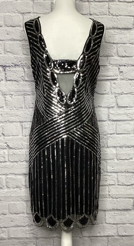Women’s Size L 1920’s Flapper Black Silver Sequin Roaring 20’s Art Deco Dress - Picture 2 of 6