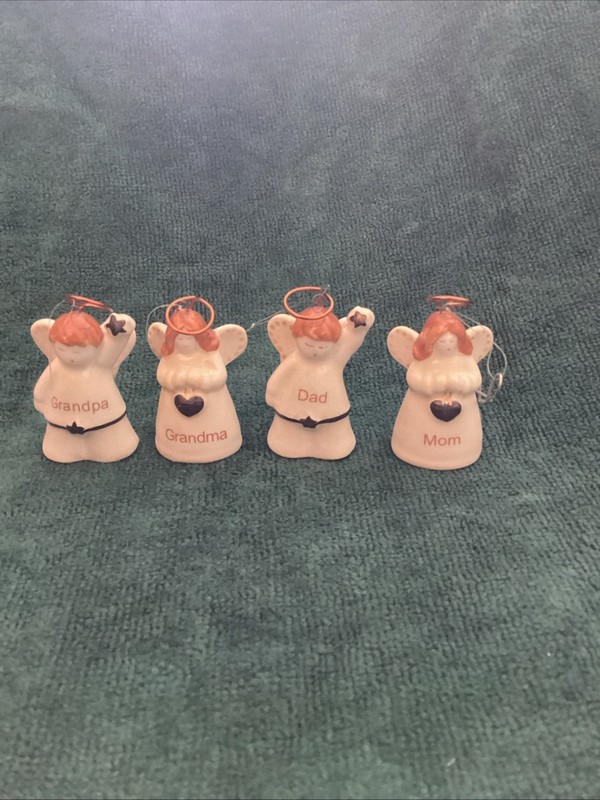 Christmas Ceramic angel ornament labeled 'Grandpa', 'Grandma', 'Dad', and 'Mom'