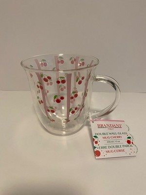 New BRANDANI Double Wall Glass 15oz  /450 ml Mug  Cherry Design