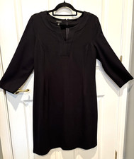 TALBOTS SIZE 12 BLACK STRETCHY SHEATH ZIPPER BACK FANCY NEEDLEWORK V NECK DRESS