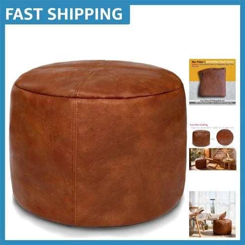 Elegant Amaretto DIY Pouf Cover - Modern Faux Leather Footrest, 16.5" Diameter - product listing photo