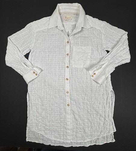 Anthropologie Textured Waffle Tunic Button Down Womens PXS White Linen Blend EUC - Picture 3 of 9