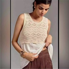 By Anthropologie Crochet Knit Layered Tank in White and Cream - Size S