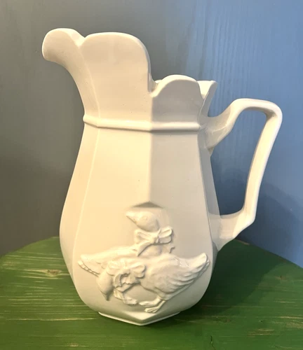 Vintage McCoy Pitcher w/Embossed Goose on Front Creamy White 10"