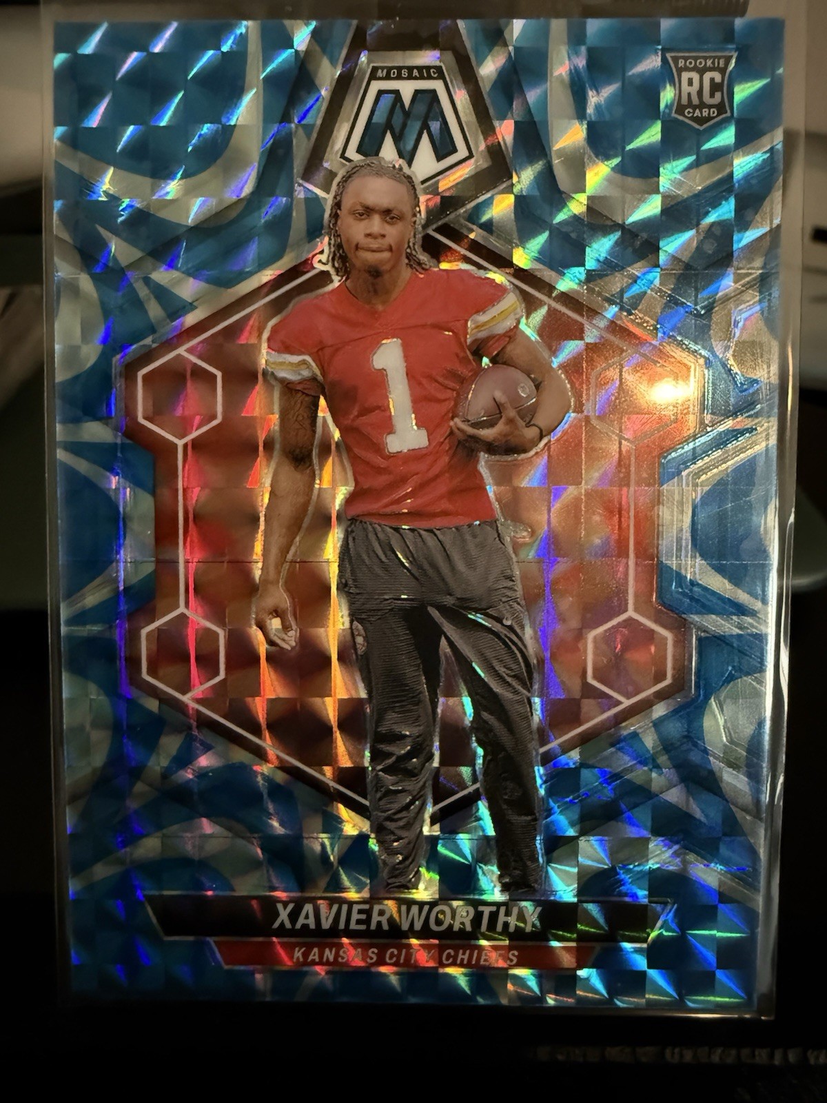 2024 Panini Mosaic - Rookies Xavier Worthy #328 Reactive Blue Mosaic Prizm (RC)