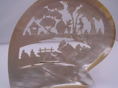 Carved Mother of Pearl Abalone Seashell Asian Field Scene Very Rare item.