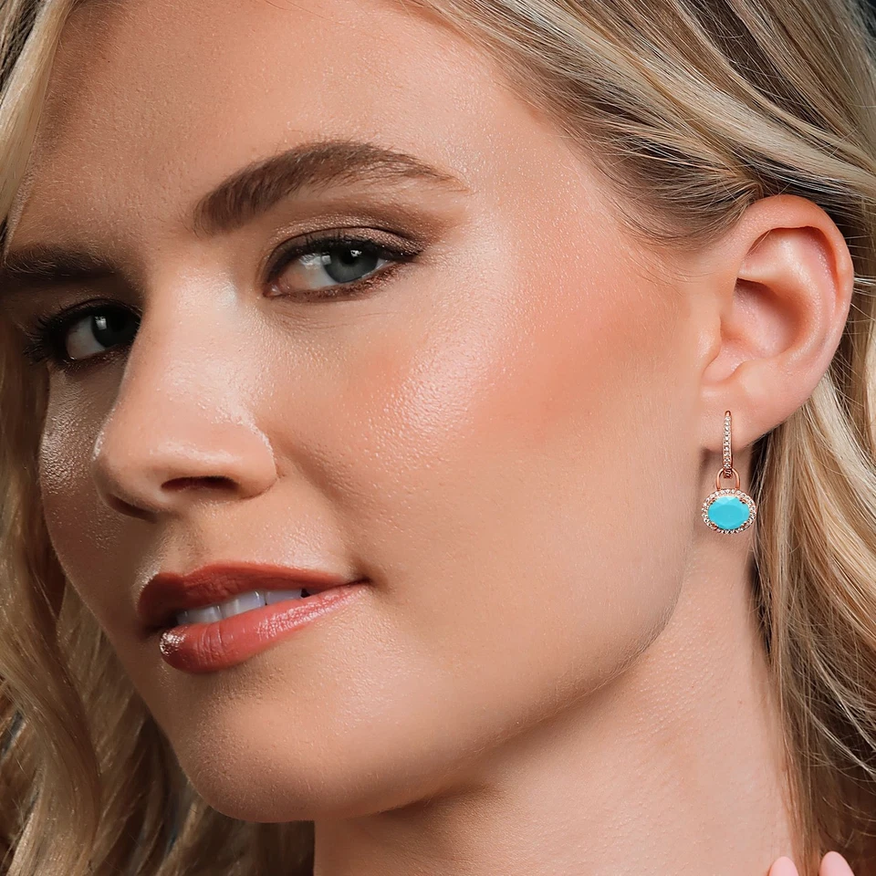 3.84 Ct Oval Green Turquoise 18K Rose Gold Plated Silver Earrings - Image 4 of 4