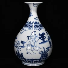Rare Chinese Hand Painting Blue&white Porcelain Figure YuHuChun Vase