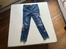 Free People Jeans Size 28 Embroidered Bird Floral Raw Hem Mid Rise Boho