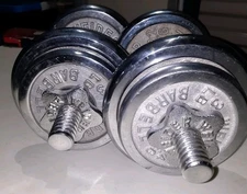 Vintage Weider Chrome Dumbbell Pair Set Screw Collar 2x 20lbs 32lbs Total Plates
