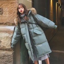 Winter Over Knee Mid Long Cotton Padded Hooded Loose Faux Fur Collar Womens Coat