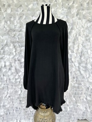 Black Linen Dress MINIMALIST Fringed Long Hi Low Hem Beach Casual USA