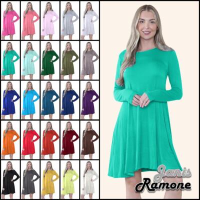 Damen Swing Kleid Uni Langarm Freizeit Ausgestellt A Linie Mini Oberteil Übergröße