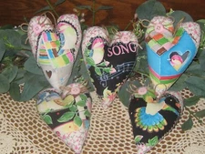Cottage Decor 5 Pink Rose Hearts Appliqued Birds Birdhouses Handmade Ornaments