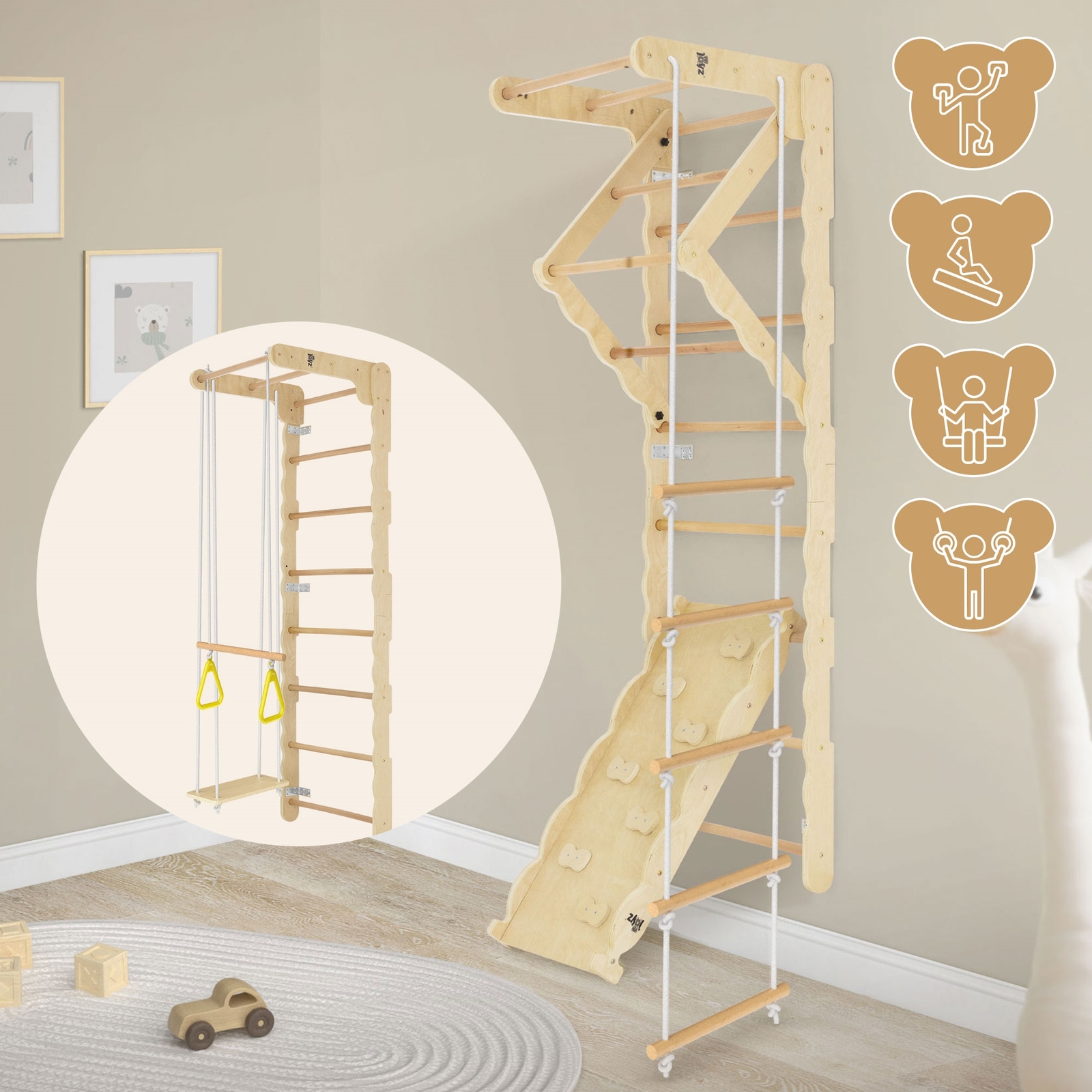 Muro de escalada para niños rocódromo de madera para interior tobogan y columpio