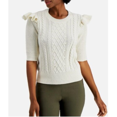 Charter Club Women L Cloud Ivory Ruffle Shoulder Elbow Sleeve Sweater NWT CV64