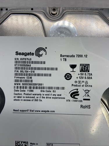 Seagate ST31000528AS 1TB Sata Hard Drive P/N: 9SL154 F/W: CC46 5VM WU - Picture 2 of 4