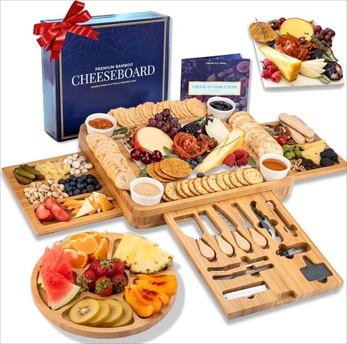 New-Extra Large Charcuterie Boards Gift Set: Marble Bamboo Cheese Board Set- Uni