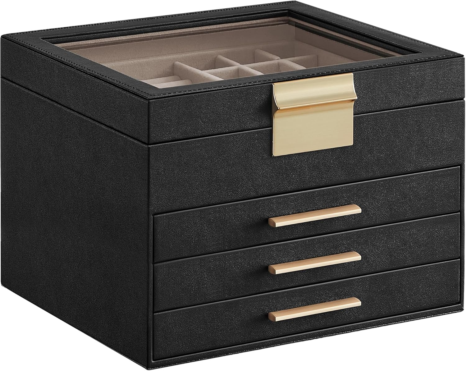 Jewelry Box with Glass Lid, 4-Layer Jewelry Organizer, 3 Drawers, for Big and Sm-image