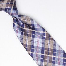John G Hardy Mens Silk Necktie Light Blue Navy Beige White Plaid Made in Italy