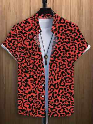 Button Up Shirt Leopard Graphic Print Down Casual Short Sleeve Fashion Red Party