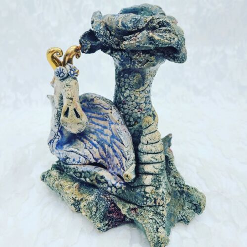 Vintage 80s 22kt GOLD Accents Clay Pottery Dragon Candle Holder RARE - Picture 4 of 5
