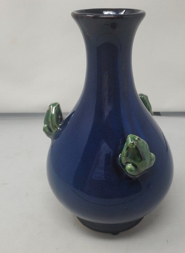 Ceramic Cobalt Blue Glazed Vase Green Frogs 3D 10” tall Boho Chic