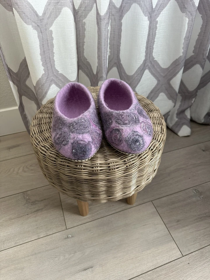 手工紫色羊毛家用拖鞋女式 US5-5.5 码 — 第 3/4 张图片