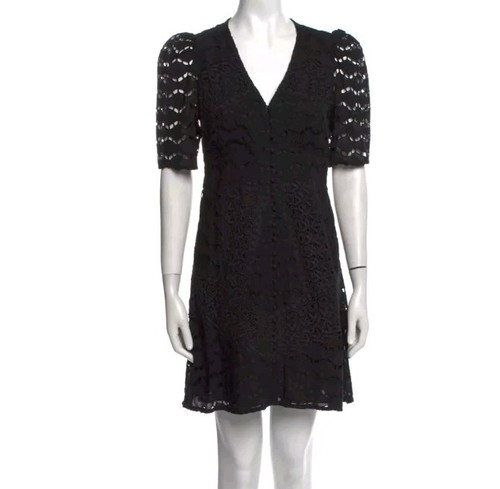 New THE KOOPLES Womens Size 4 Black Mini Dress Sharp Lace Button Cotton Eyelet - Picture 2 of 12