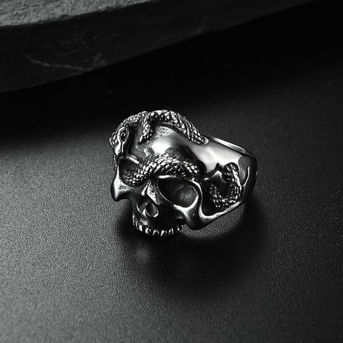Hip Hop Vintage Stainless Steel Casting Snake Skull Ring Gold Plated Men Jewelry - Picture 7 of 10
