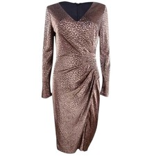 New Vince Camuto 4 Metallic Leopard Animal Print Midi Wrap Dress Long Sleeve