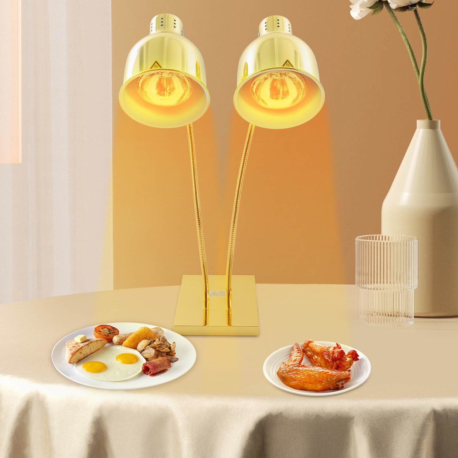 Heat Lamp Food Warmer Light W/ 2 Infrared 250W Bulbs Rotatable Food Heatin Gold