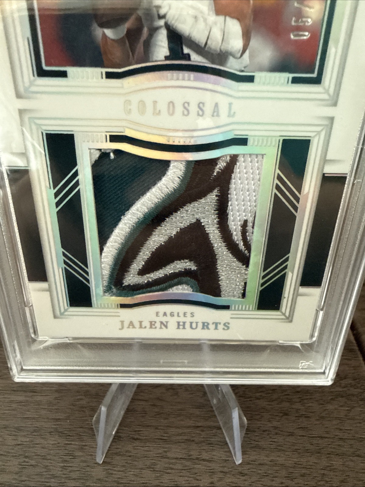 2023 Panini National Treasures Jalen Hurts Silver /25 Colossal Materials PSA9 view 2