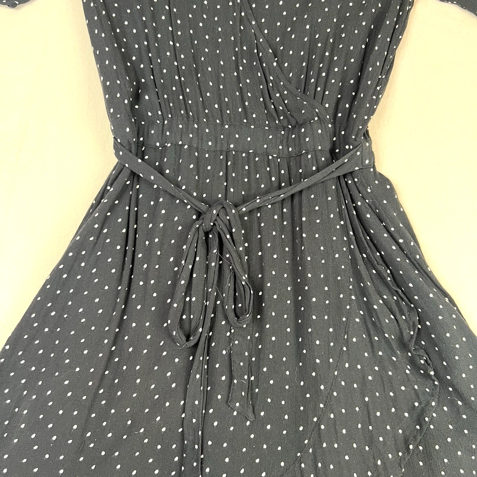 Lucky Brand Wrap Dress XS Black White Polka Dot Short Sleeve Belted Lined Boho - Image 3 of 4